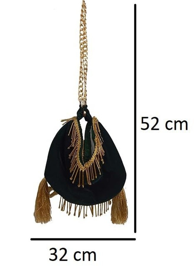 ATHZ Dark Green Velvet dual use potli pyramid/samosa shaped Potli which opens into small evening shoulder bag for ladies with Golden chain tassel embellishment - Image 4